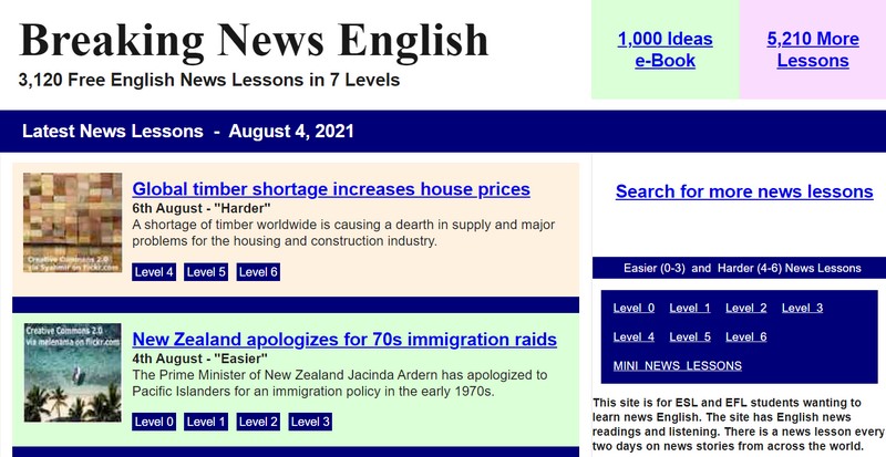 Hướng dẫn học Tiếng Anh online tại website Breaking News English cho trẻ em